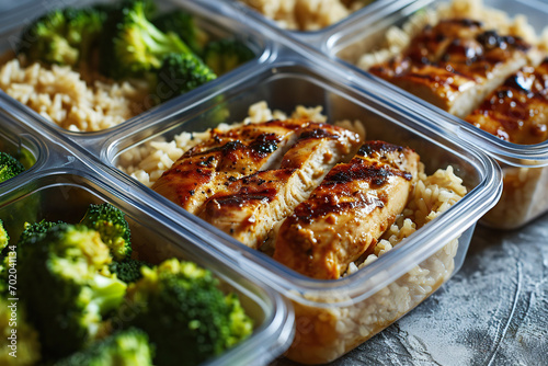  Meal prep containers with grilled chicken, brown rice, and steamed broccoli. 