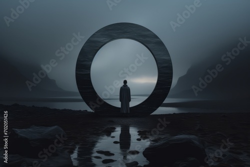 man in front of a magic Portal with the mystical gate in a mysterious place