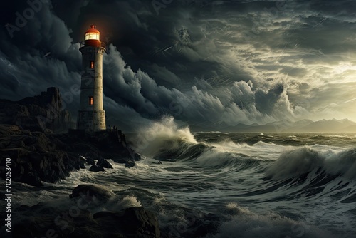 Lighthouse on stormy sea at sunset. 3D rendering, AI Generated