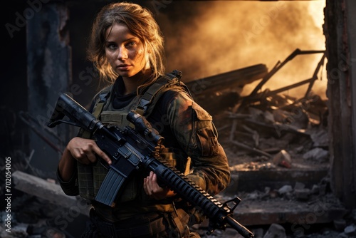 Portrait of a young woman with assault rifle in the ruins, AI Generated