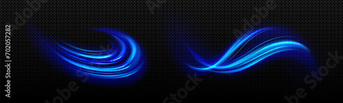 Blue light waved neon elements with swoosh effect. Realistic vector illustration set of magic glowing swirl lines. Flare circular and vortex spin. Abstract 3d luminous and shine twirl trail.