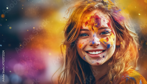 Woman smiling to paint dust , happy holi indian concept