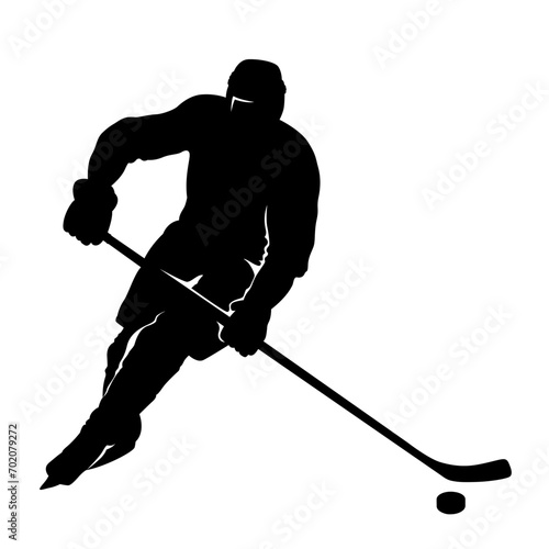 Skating ice hockey player with stick and puck black silhouette isolated on white. Realistic shape in stencil style. Vector picture for professional competition illustration, sport design, engraving.