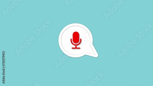Microphone icon inside a speech bubble on a teal background.