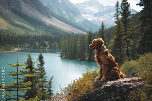 Dog sitting by a mountain lake with pine trees and snowy peaks in the background.