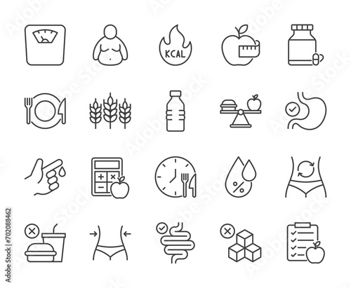 Diet and nutrition line icons set vector illustration. editable stroke