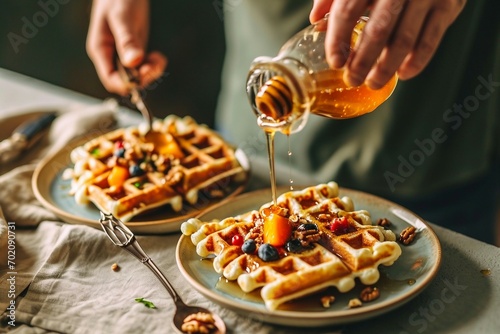 a person pouring syrup on waffles