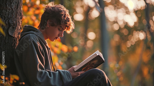 teen reading under a tree