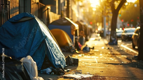 A homeless encampment on a city street with tents, created with Generative Ai technology.