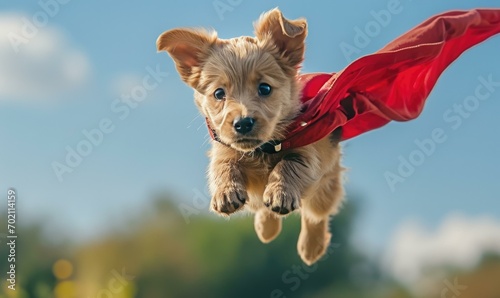 A plucky puppy imagines itself soaring like a superhero against the blue sky, wearing a red cape. Generative AI.