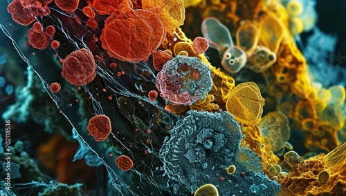 Microscopic viruses and bacteria of different colors and shapes. The concept of infectious disease research.