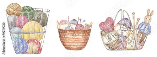 Hand-drawn watercolor knitting elements in the basket illustration set. Yarn balls clipart, crafts and Hobbies clip arts, graphic needles