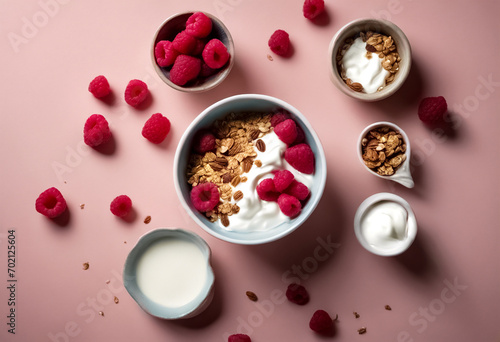 Gusto e Benessere- Bowl di Yogurt Greco, Lamponi Freschi e Granola in una Composizione Saporita