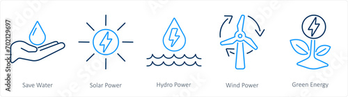 A set of 5 Ecology icons as save water, solar power, hydro power