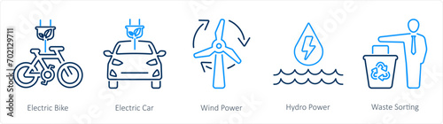 A set of 5 Ecology icons as electric bike, electric car, wind power 