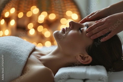 Primer plano de una mujer disfrutando de un masaje de cabeza en un ambiente de spa iluminado con luces suaves bokeh