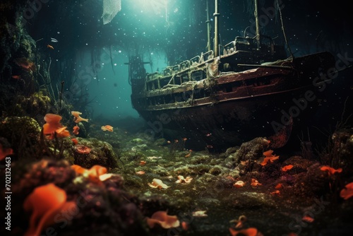 Sunken Shipwreck: Close-up of marine life thriving on a sunken shipwreck.
