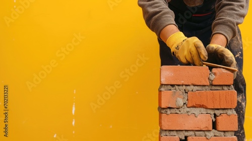 Bricklayer's hands in yellow gloves in the process of bricklaying against a vibrant yellow background