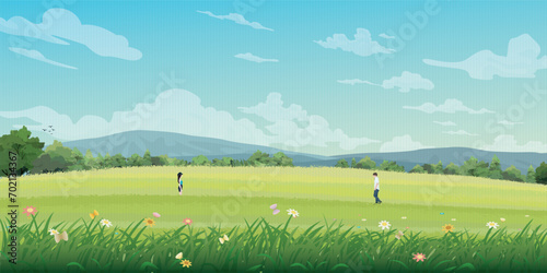 Couple of lover meeting at meadow on the hill have mountain range and blue sky background vector illustration. Journey of sweetheart concept flat design have blank space.