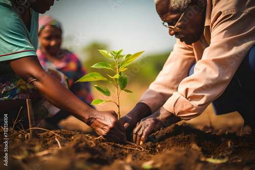 african senior couple planting tree, Generative AI