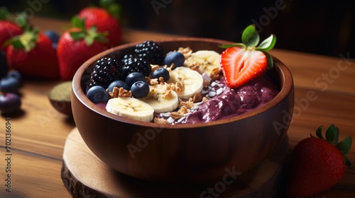 Tasty acaibowl with banana, blueberries and granola. Healthy raw diet. Fruit breakfast gluten dairy free. Woman eating fresh food. Superfood concept. Natural Acai bowl with sweet berry, strawberry oat