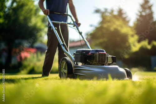 Person mowing lush green lawn in bright sunlight.