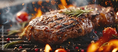 A top sirloin steak flame broiled on a barbecue shallow depth of field. with copy space image. Place for adding text or design
