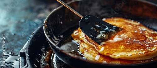 A pancake being flipped by a black spatula in a frying pan Close up. with copy space image. Place for adding text or design