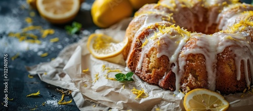 Classic lemon pound cake with powdered sugar glaze sliced on parchment paper topped with lemon zest. with copy space image. Place for adding text or design