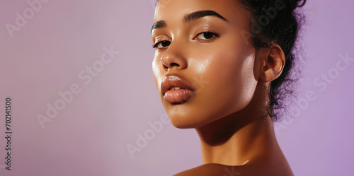 Portrait of young African woman with clean healthy facial skin on flat purple background with copy space. Natural beauty, care cosmetics banner template, perfect face skin.
