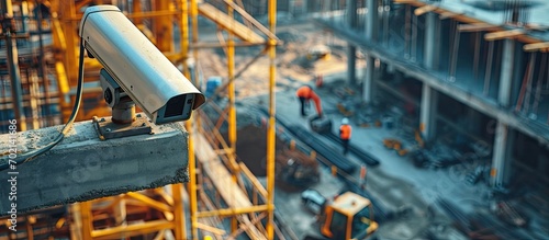 CCTV camera watching an excavator and workers working on a construction site. with copy space image. Place for adding text or design