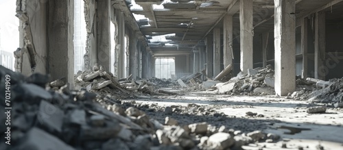 A pile of gray concrete debris against the remains of a large destroyed building Background. with copy space image. Place for adding text or design