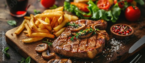 A grilled ribeye steak served with mushrooms chips french fries and a garden salad of lettuce cucumber baby carrot and capsicum. with copy space image. Place for adding text or design