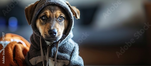 Cute dog wearing hoodie holding football toy. with copy space image. Place for adding text or design