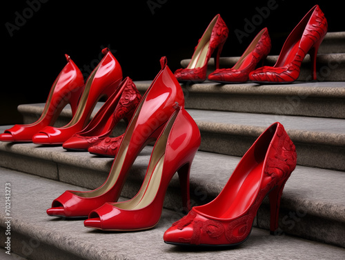 Scarpe rosse su scalinata. Contro la violenza alla donne. Ai generated.