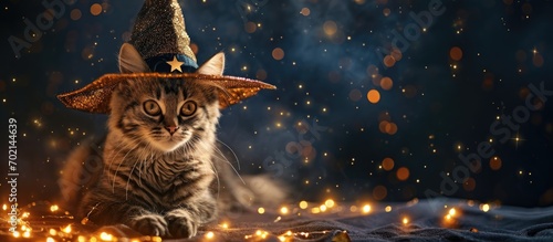 Halloween pumpkin jack o lantern and cute british cat in a wizard costume on a dark background Halloween cat in a witch hat and a mantle with stars. with copy space image
