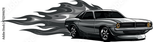 monochromatic illustration of muscle car with flames