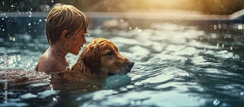 A child boy with a dog indulges in an inflatable pool of water on a hot sunny summer day The child laughs and smiles while splashing water on the dog The dog plays with the child by the pool