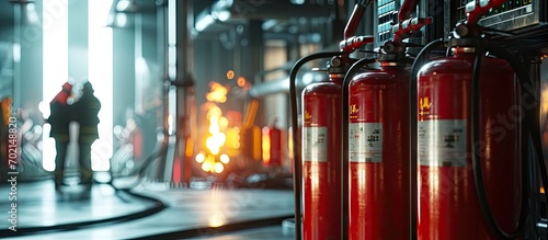 Engineer are checking and inspection a red fire extinguishers in the fire control room for safety prevention and fire training. with copy space image. Place for adding text or design