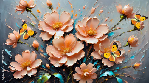 delicate spring flowers painted with oil paints on canvas and colorful butterflies in peach tones