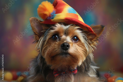 A dog in a funny clown outfit. cute dog in clown clothes, Clown Dog