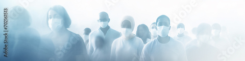 crowd of abstract silhouettes of people in medical masks, long narrow panoramic view, social issue, grim horror zombie apocalypse background