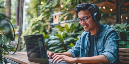 Young adult happy smiling student or businessman wearing headphones talking on online chat meeting using a laptop in office or campus, male student wear glasses learning remotely