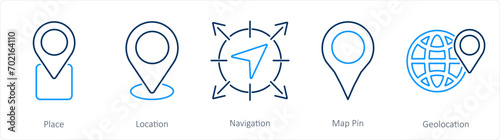 A set of 5 Location icons as place, location, navigation