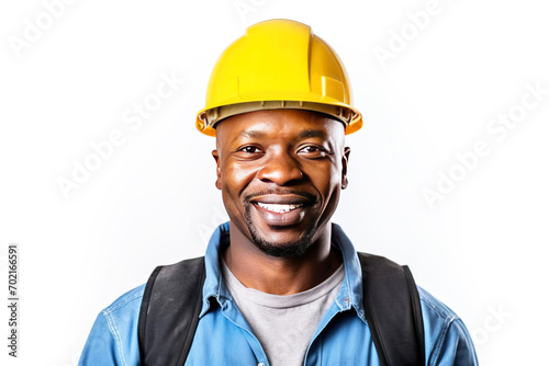 Smiling male professional constructor with a tool in a service uniform, white background isolate.