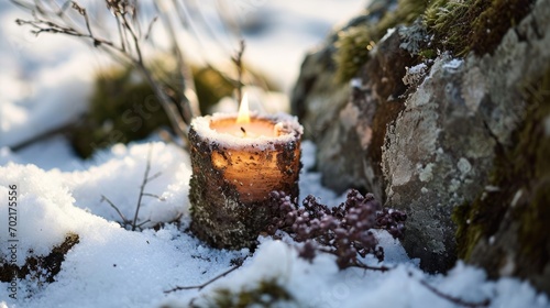 A candle in a rustic holder on snowy ground with bare branches, imbolc spring pagan holiday