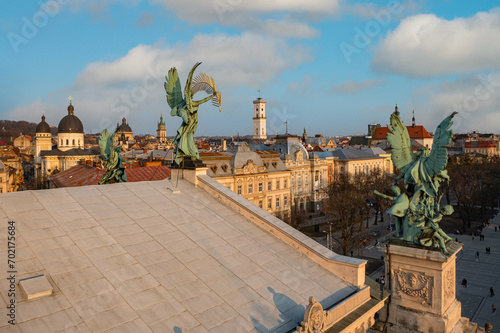 Lviv opera house statue from drone