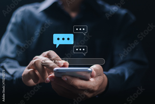 Ai technology concept, Businessman use smartphone with technology Internet connect Chatbot Chat with AI, robot application, conversation assistant, using command prompt for generates something.