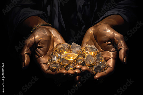 Illustration of sin Greed: Hands grasping for gold and gems, dark background