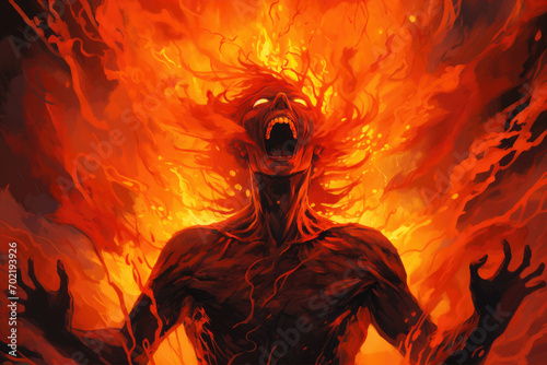 Illustration of sin Wrath: Fiery figure engulfed in flames, vivid red and orange hues